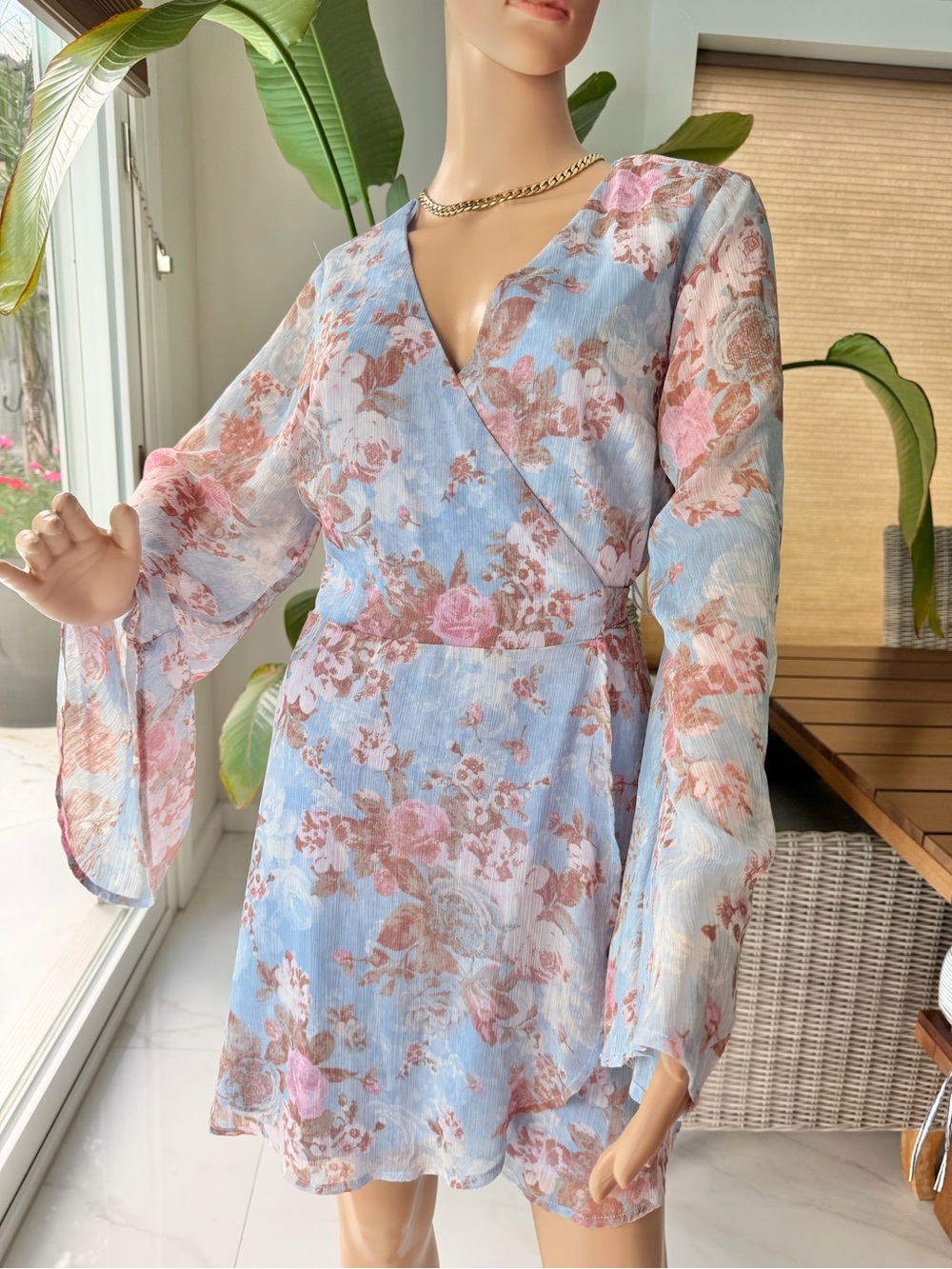 Francesca's Collections Blue Floral Wrap Mini Dress with Pink Blooms